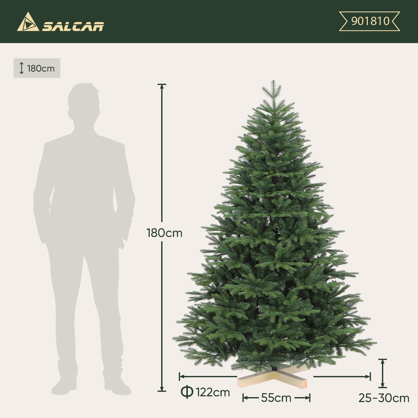 SALCAR Artificial Christmas Tree 180 cm with wooden stand, PE realistic injection-molded elements & PVC Nordman fir, 1.8 m artificial fir tree (Ø 122 cm)