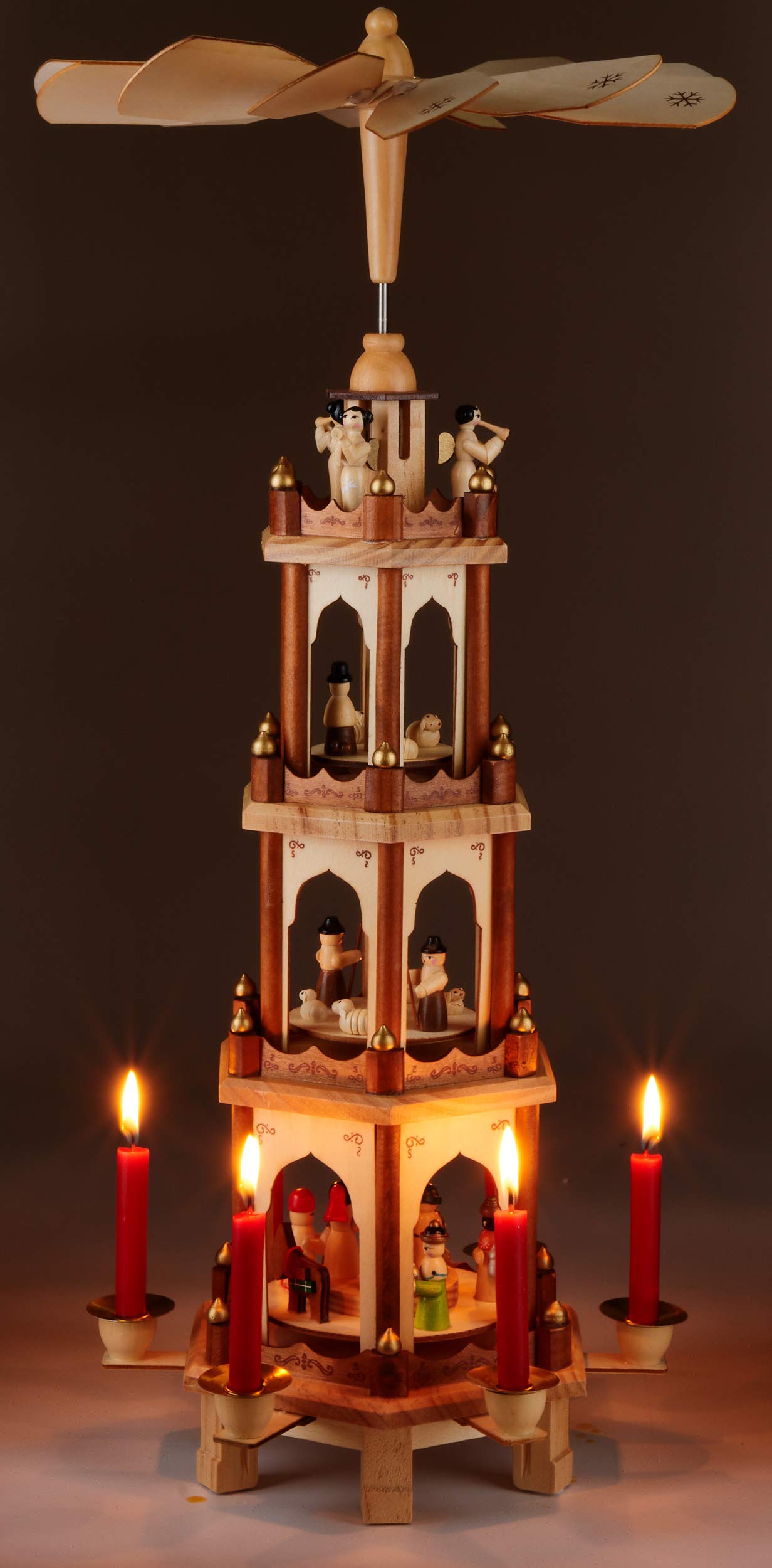 BRUBAKER Christmas Pyramid Wooden - Natural - 4 Tiers - 60 cm Height - Hand-painted Figures