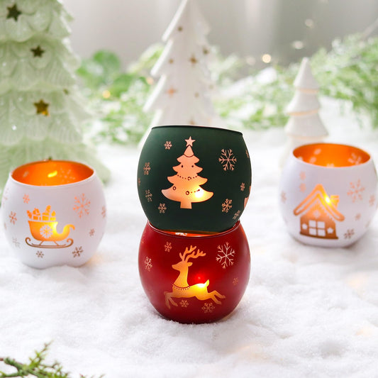 Set of 4 glass candle holders with laser engraving - small tealight holder, Christmas decoration, winter decor for table, windowsill, garden.