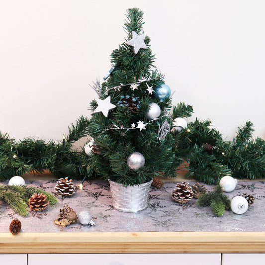 COM-FOUR® Artificial Christmas Tree with Baubles - Decorated pine tree for Christmas decoration - Christmas tree for Christmas decor (01 piece - 45cm - green/silver/blue)