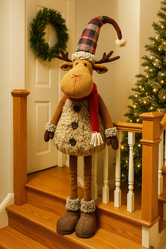 KAMACA XL Christmas elk decoration figure with extendable telescopic legs fabric figure with fur, scarf & hat standing Christmas decoration for staircase living room entrance gift (XL telescopic elk 98 cm)