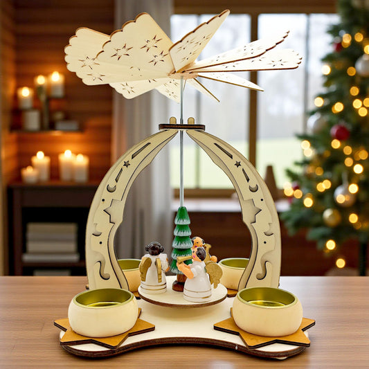 Elf Workshop Collection Christmas Pyramid Wooden with Angel Choir - Handcrafted Christmas Pyramid Tea Light Made of Real Wood - Detailed Wooden Pyramid Christmas, Height Approx. 24cm