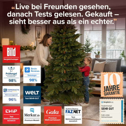 Premium artificial Christmas tree 250cm - AWARD WINNER 10 years WARRANTY - Realistic, dense branches, Artificial Christmas tree with wooden stand - Artificial fir tree by Pure Living