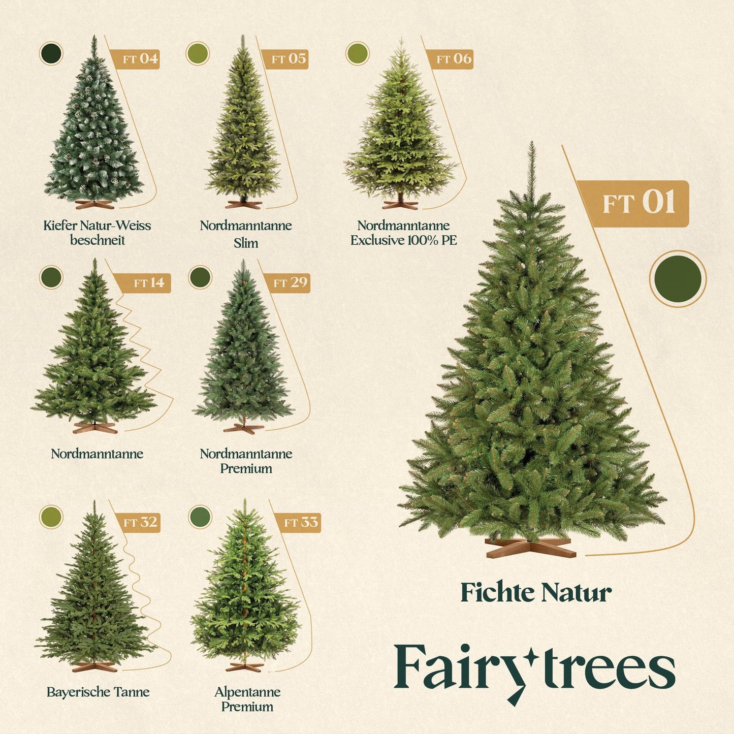 FairyTrees artificial Christmas tree 150cm SPRUCE Nature with tree stand made of real wood | Artificial fir tree with green trunk | Made in EU