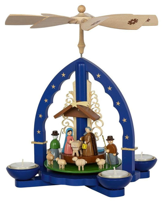 Rudolph's treasure chest pyramid for Christ's birth in blue for tea lights and candles, height 27cm NEW tea light pyramid Christmas pyramid wooden pyramid table decoration decoration Christmas warmth play lights