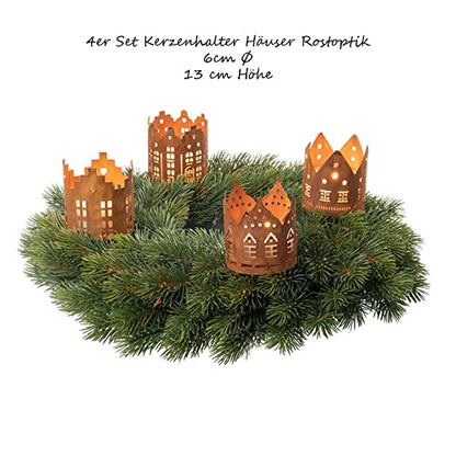 4-piece set of advent wreath candle holders with houses, made of rust metal. Perfect for decorating your own advent wreath with candle picks. Ideal for the Christmas season.