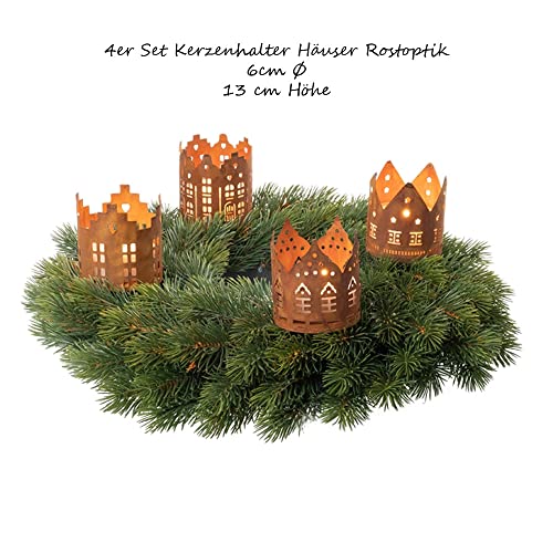 4-piece set of advent wreath candle holders with houses, made of rust metal. Perfect for decorating your own advent wreath with candle picks. Ideal for the Christmas season.