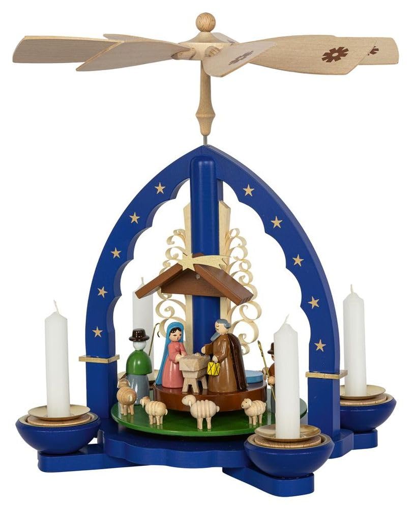 Rudolph's treasure chest pyramid for Christ's birth in blue for tea lights and candles, height 27cm NEW tea light pyramid Christmas pyramid wooden pyramid table decoration decoration Christmas warmth play lights