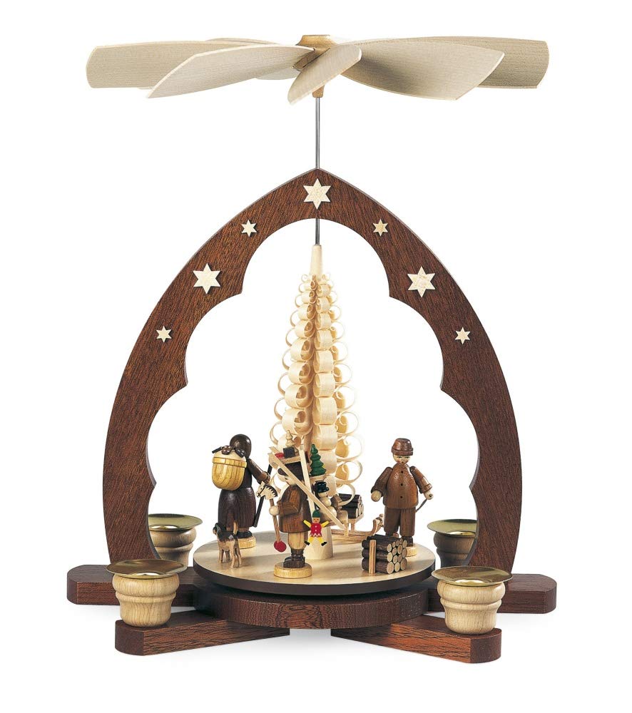 Mueller Christmas pyramid Erzgebirge figures pointed arch, tension tree, 1-tier, 30 cm high, natural, original Erzgebirge Seiffen.