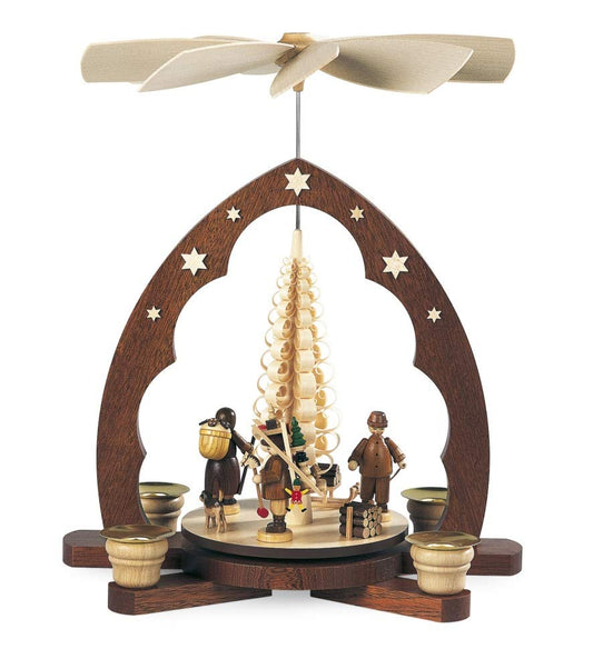 Mueller Christmas pyramid Erzgebirge figures pointed arch, tension tree, 1-tier, 30 cm high, natural, original Erzgebirge Seiffen.