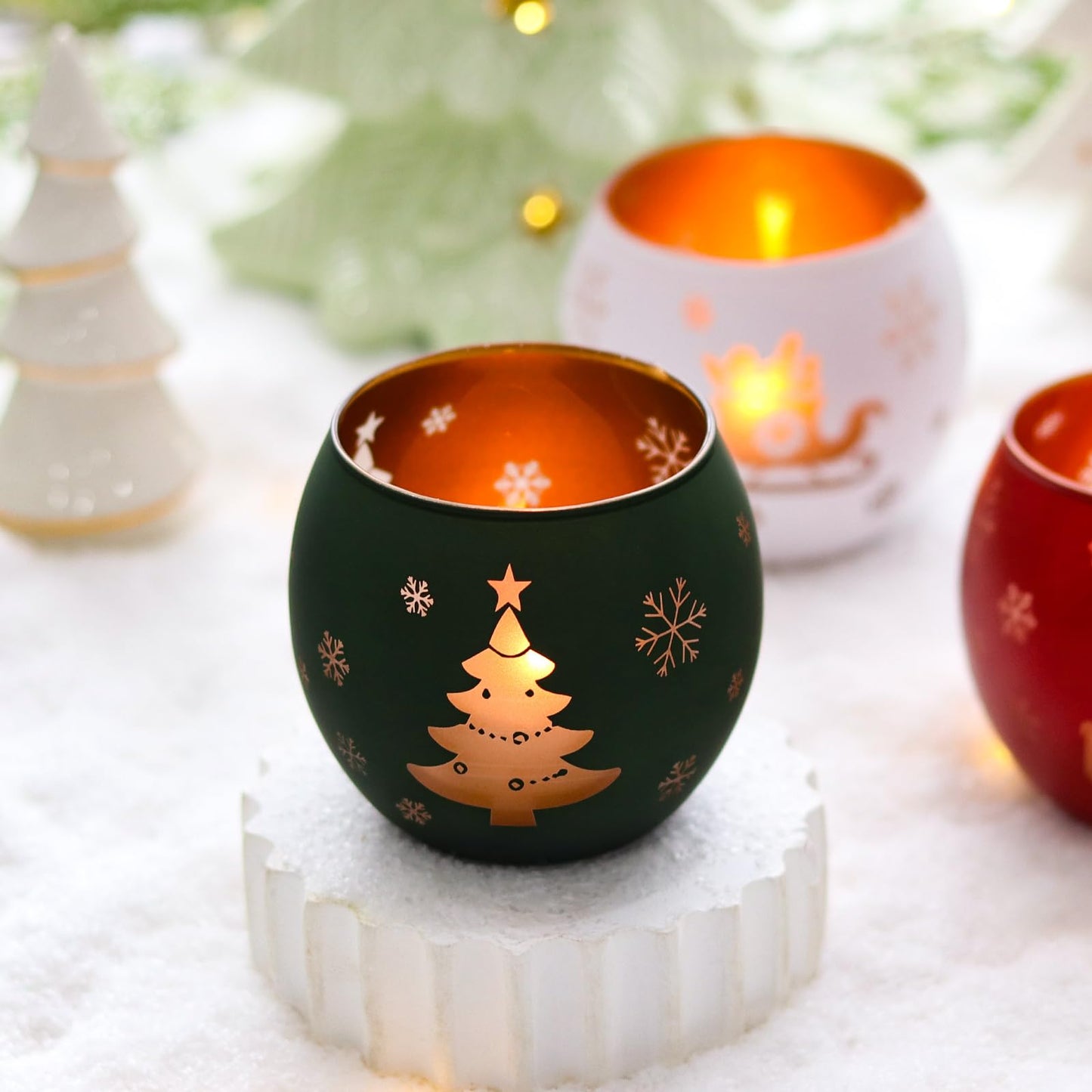 Set of 4 glass candle holders with laser engraving - small tealight holder, Christmas decoration, winter decor for table, windowsill, garden.