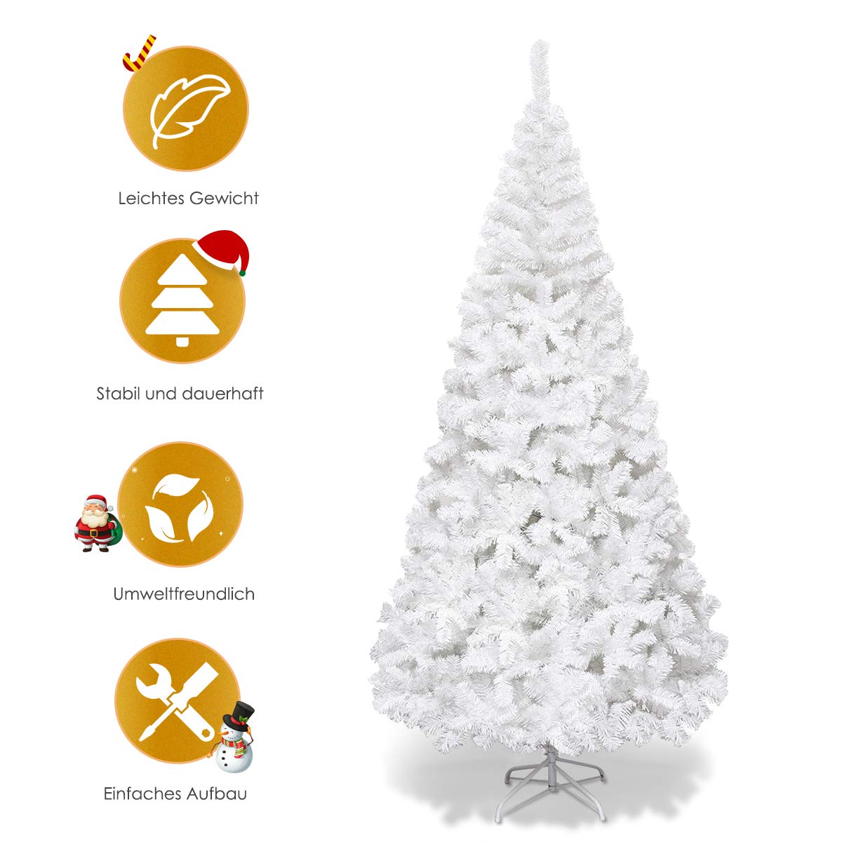 COSTWAY 210cm Artificial Christmas Tree with Metal Stand, Christmas Tree PVC Needles, Ideal for Home, Office, Shops, and Hotels, White