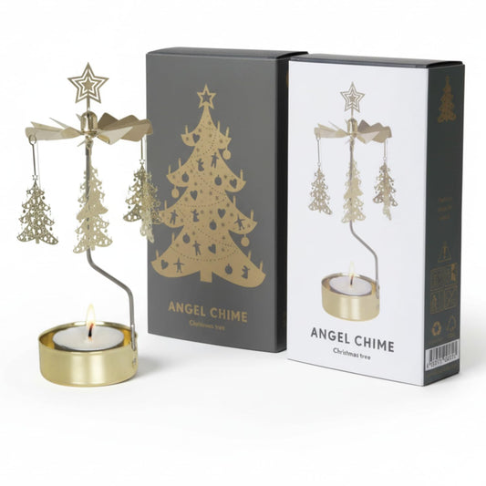 Tealight holder Angel Gold 16 cm - rotating metal candle holder, powered by candle heat, elegant Christmas & winter decor in Scandinavian style, gift packaging included.