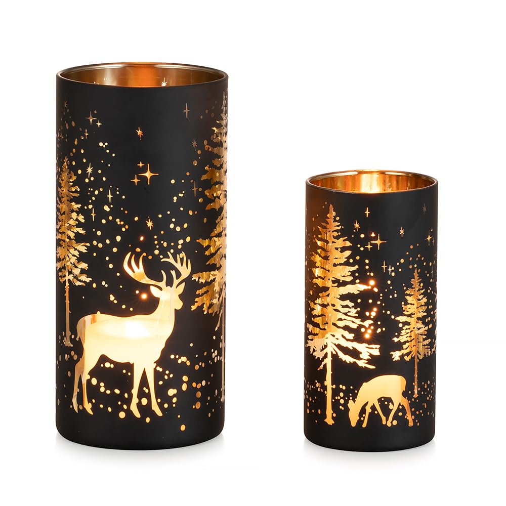 Hewory Christmas Decor Black Tealight Christmas: 2-piece Set Deer Decor Christmas Table Decoration Candle Holder Glass Christmas Decoration Indoor Gold