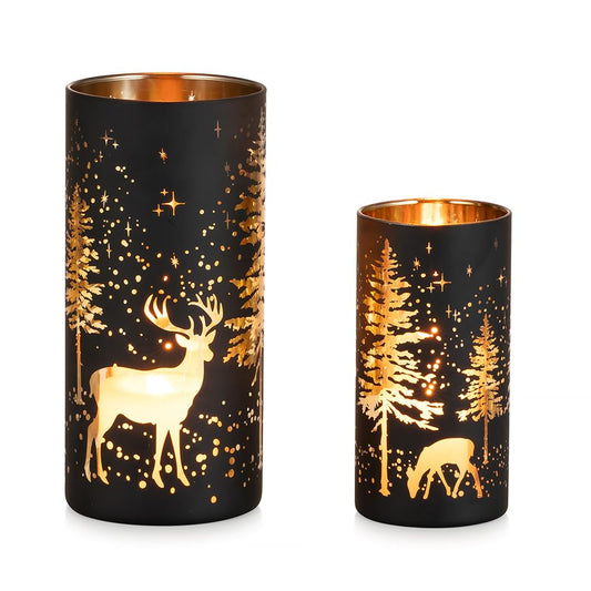 Hewory Christmas Decor Black Tealight Christmas: 2-piece Set Deer Decor Christmas Table Decoration Candle Holder Glass Christmas Decoration Indoor Gold