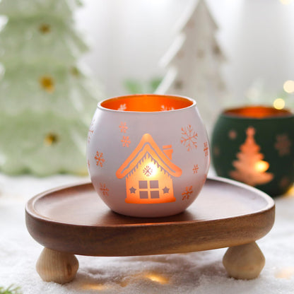 Set of 4 glass candle holders with laser engraving - small tealight holder, Christmas decoration, winter decor for table, windowsill, garden.