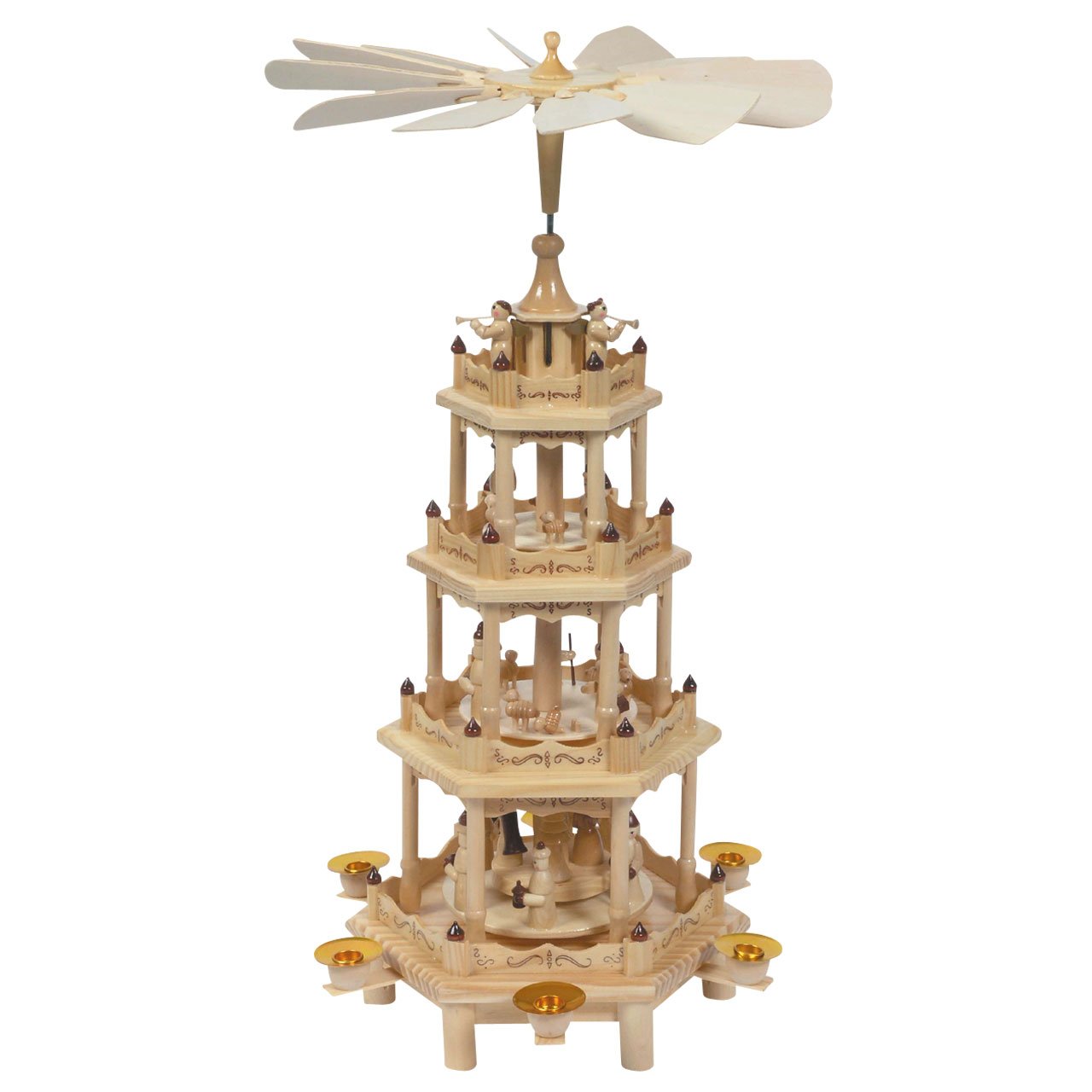 Large Christmas pyramid with 4 scenes on 4 levels, H: 55 cm, natural tones, hand-painted in artisan style.