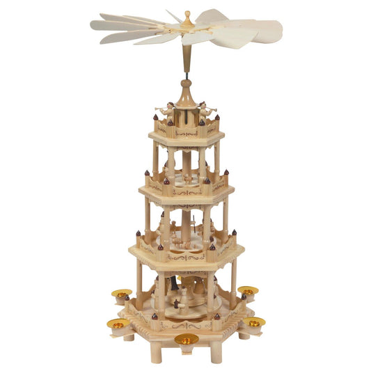 Large Christmas pyramid with 4 scenes on 4 levels, H: 55 cm, natural tones, hand-painted in artisan style.