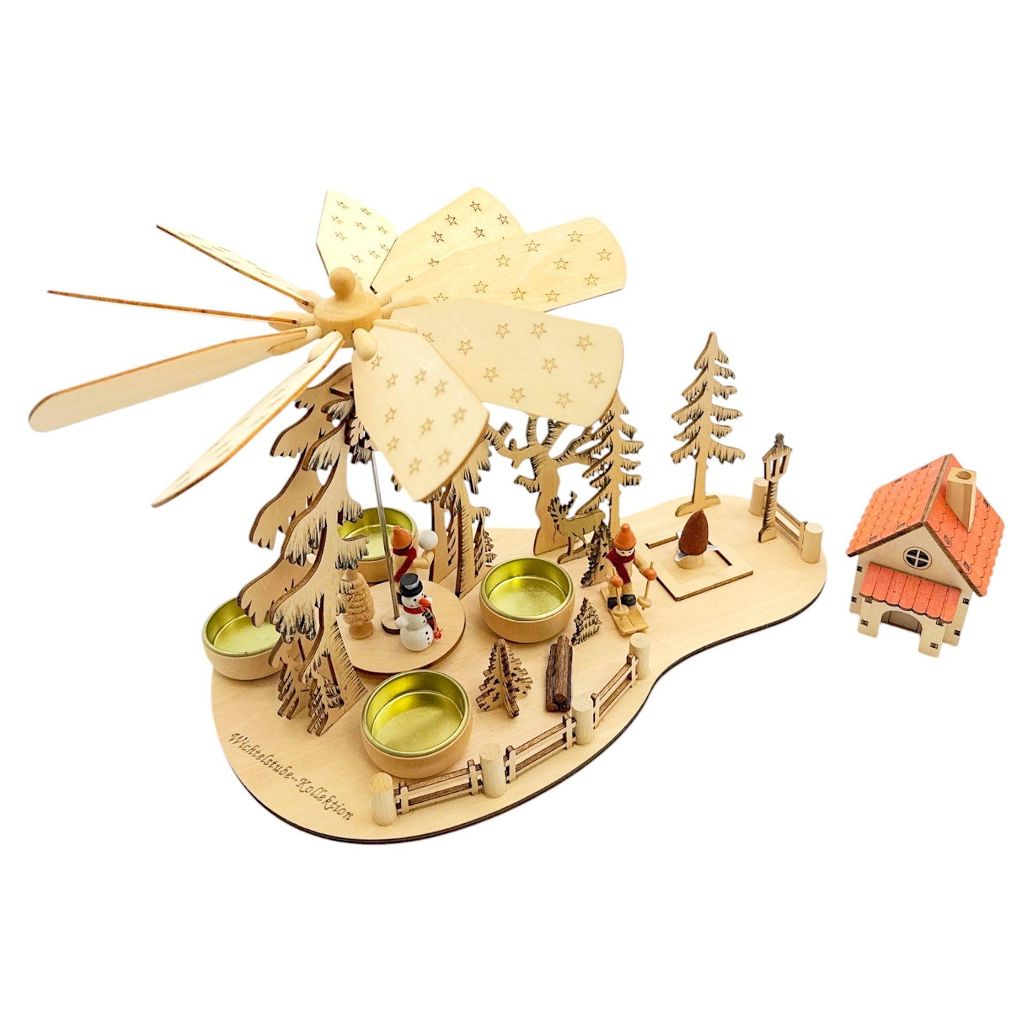 Elf workshop collection Christmas pyramid Tea light pyramid with smoking house Ski pyramid Christmas for tea lights, skiers Real wood incense smoker New 2024 with 4 tea lights