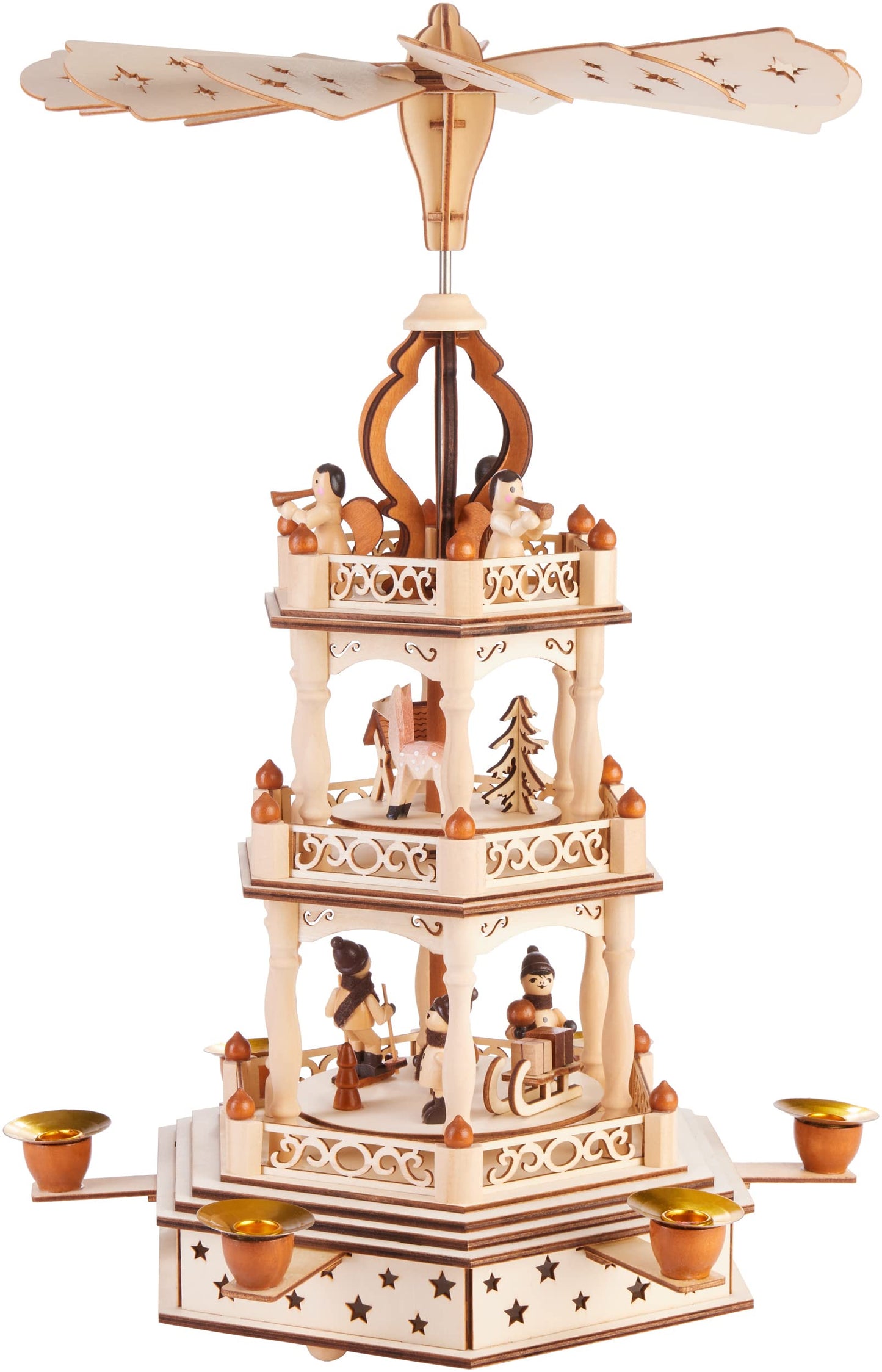 BRUBAKER Christmas Pyramid - 3-tier rotating wooden pyramid - Christmas decoration with 3 levels - 44 cm height - hand-painted figures Christmas - Natural Brown