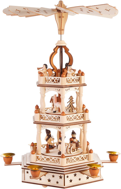 BRUBAKER Christmas Pyramid - 3-tier rotating wooden pyramid - Christmas decoration with 3 levels - 44 cm height - hand-painted figures Christmas - Natural Brown