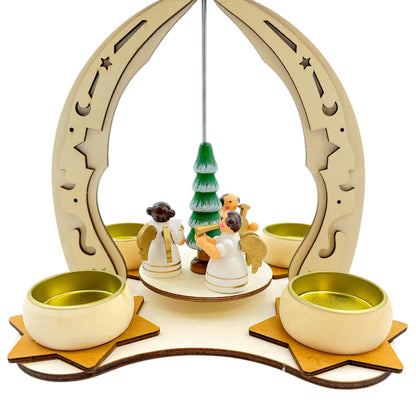Elf Workshop Collection Christmas Pyramid Wooden with Angel Choir - Handcrafted Christmas Pyramid Tea Light Made of Real Wood - Detailed Wooden Pyramid Christmas, Height Approx. 24cm
