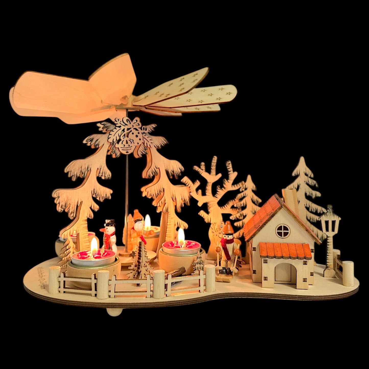 Elf workshop collection Christmas pyramid Tea light pyramid with smoking house Ski pyramid Christmas for tea lights, skiers Real wood incense smoker New 2024 with 4 tea lights