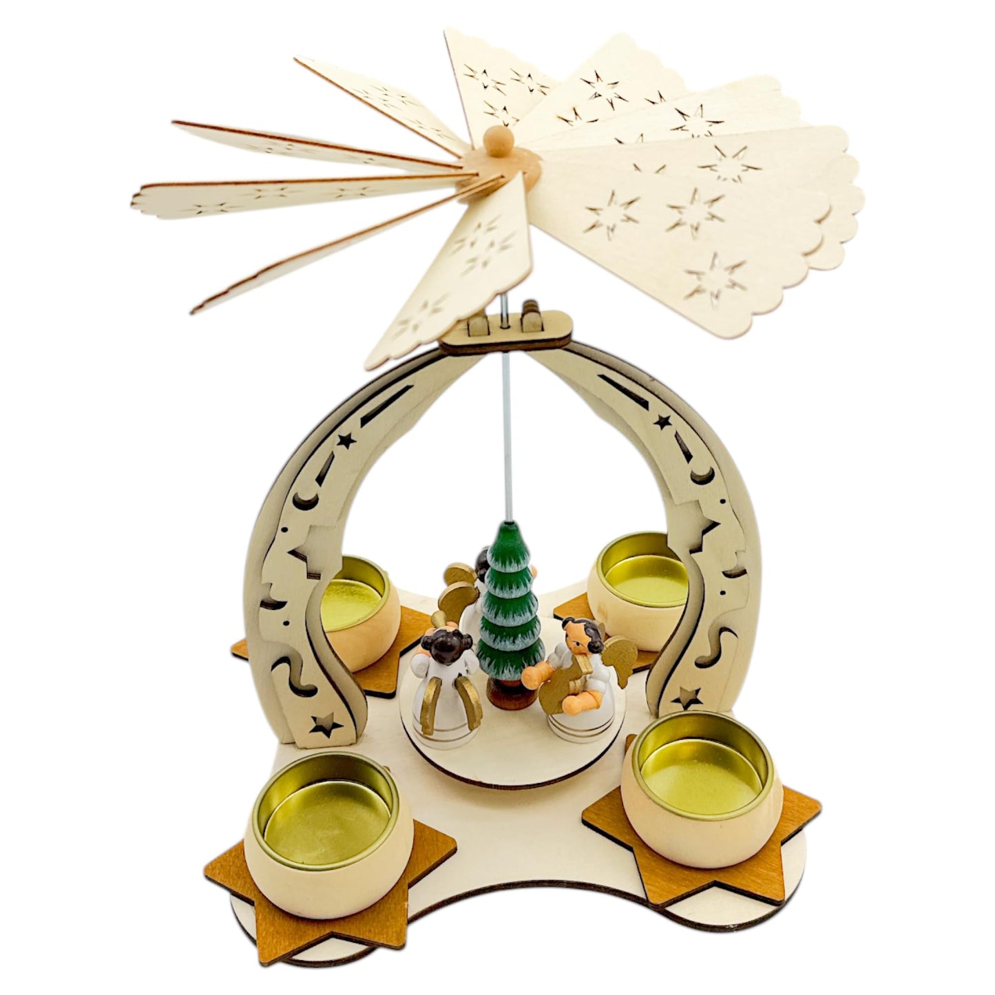 Elf Workshop Collection Christmas Pyramid Wooden with Angel Choir - Handcrafted Christmas Pyramid Tea Light Made of Real Wood - Detailed Wooden Pyramid Christmas, Height Approx. 24cm