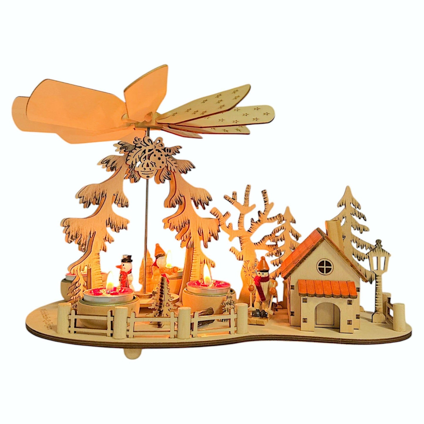 Elf workshop collection Christmas pyramid Tea light pyramid with smoking house Ski pyramid Christmas for tea lights, skiers Real wood incense smoker New 2024 with 4 tea lights