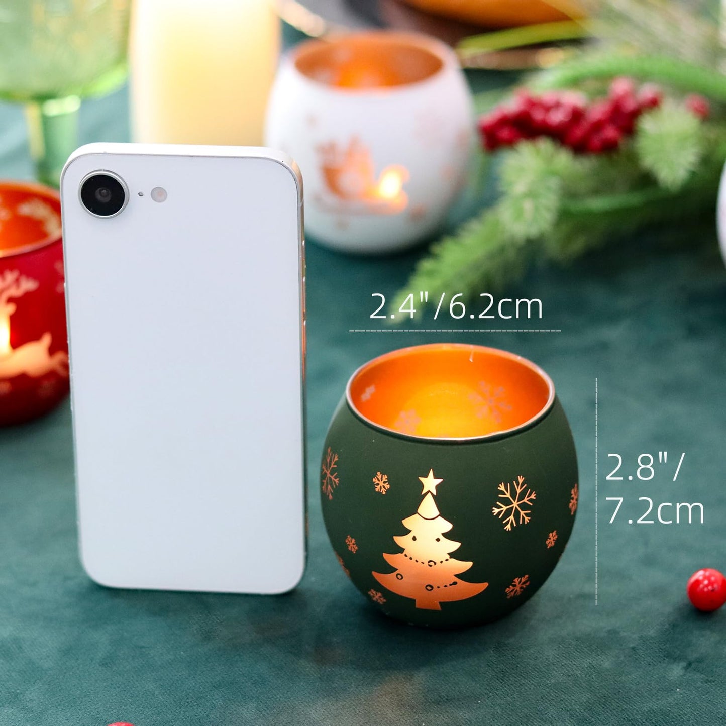 Set of 4 glass candle holders with laser engraving - small tealight holder, Christmas decoration, winter decor for table, windowsill, garden.