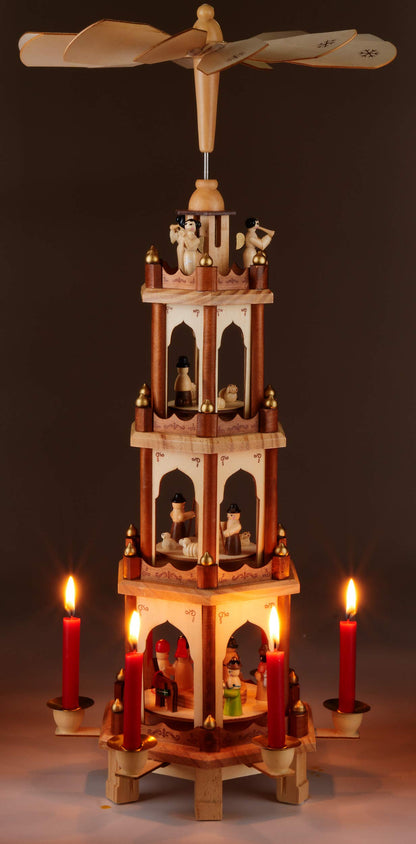 BRUBAKER Christmas Pyramid Wooden - Natural - 4 Tiers - 60 cm Height - Hand-painted Figures