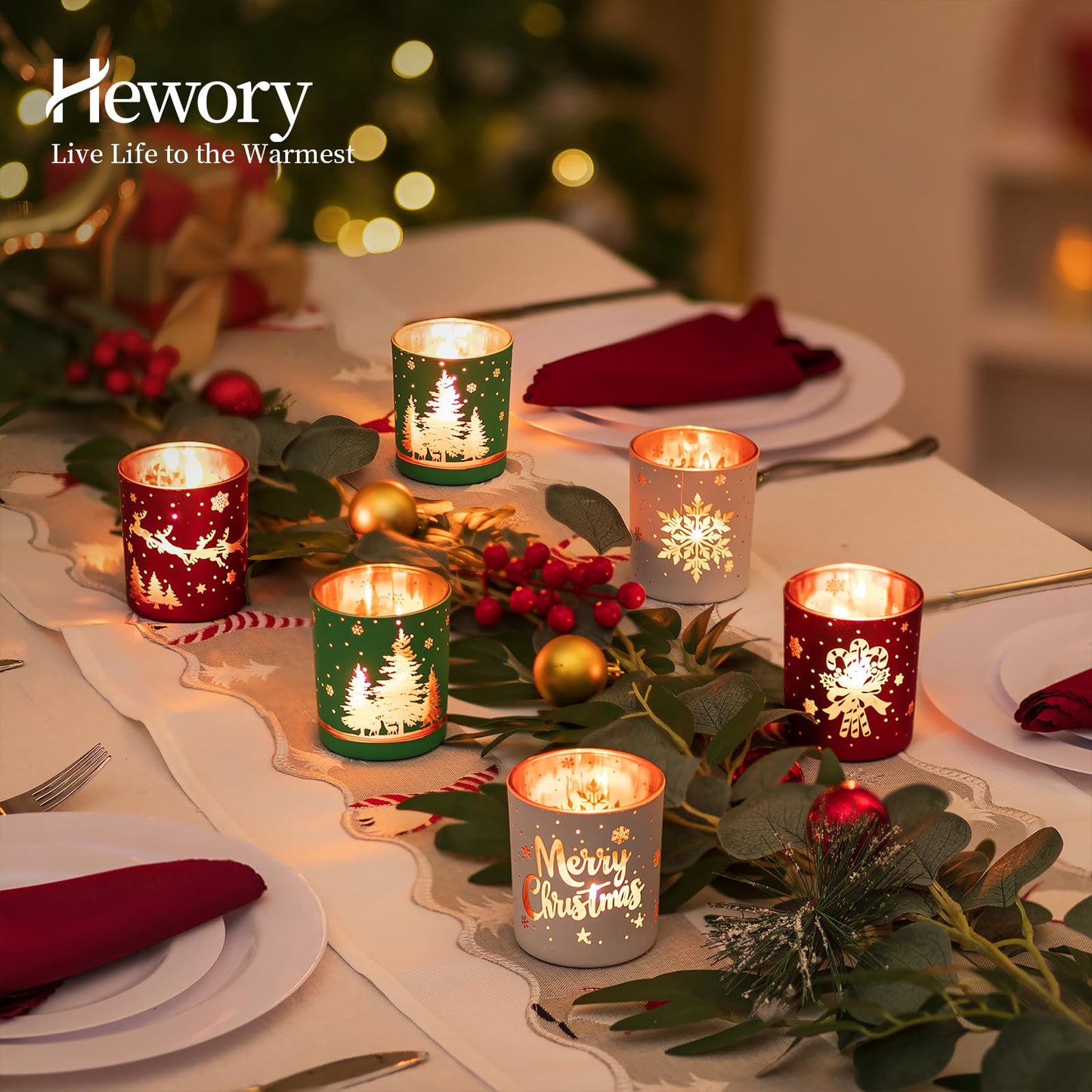 Tealight holder Christmas lantern Christmas decoration table: Hewory 6-piece set tea light glasses Christmas deco candle holder for table decoration Christmas party decoration red green white