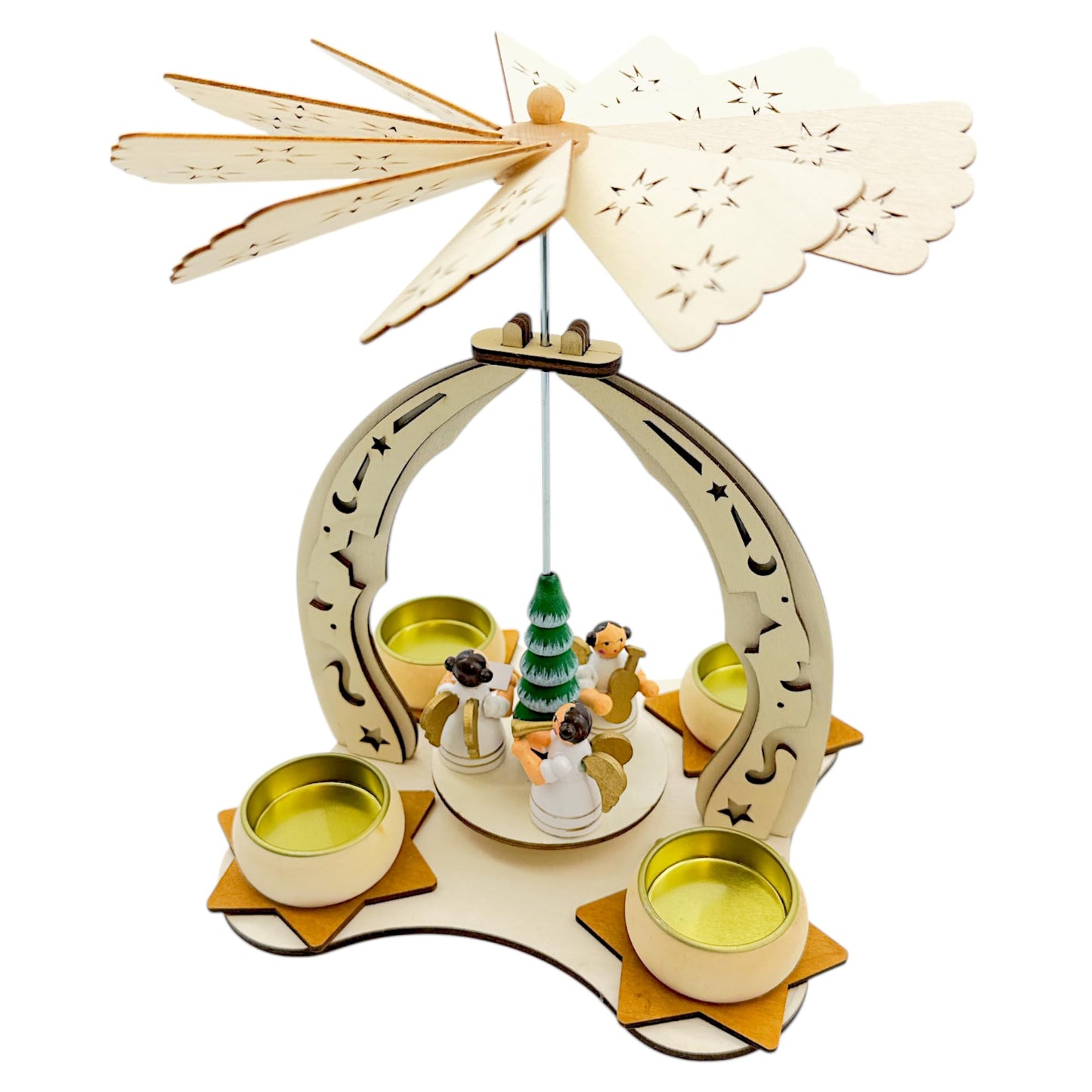 Elf Workshop Collection Christmas Pyramid Wooden with Angel Choir - Handcrafted Christmas Pyramid Tea Light Made of Real Wood - Detailed Wooden Pyramid Christmas, Height Approx. 24cm