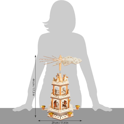 BRUBAKER Christmas Pyramid - 3-tier rotating wooden pyramid - Christmas decoration with 3 levels and wooden star wings - 45 cm height - hand-painted figures Christmas - Natural Brown
