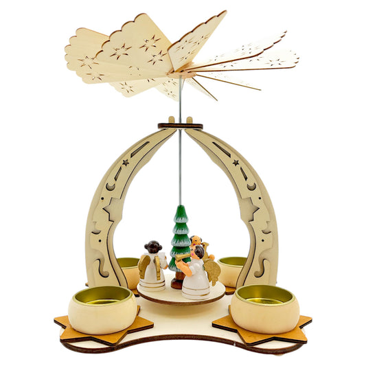 Elf Workshop Collection Christmas Pyramid Wooden with Angel Choir - Handcrafted Christmas Pyramid Tea Light Made of Real Wood - Detailed Wooden Pyramid Christmas, Height Approx. 24cm