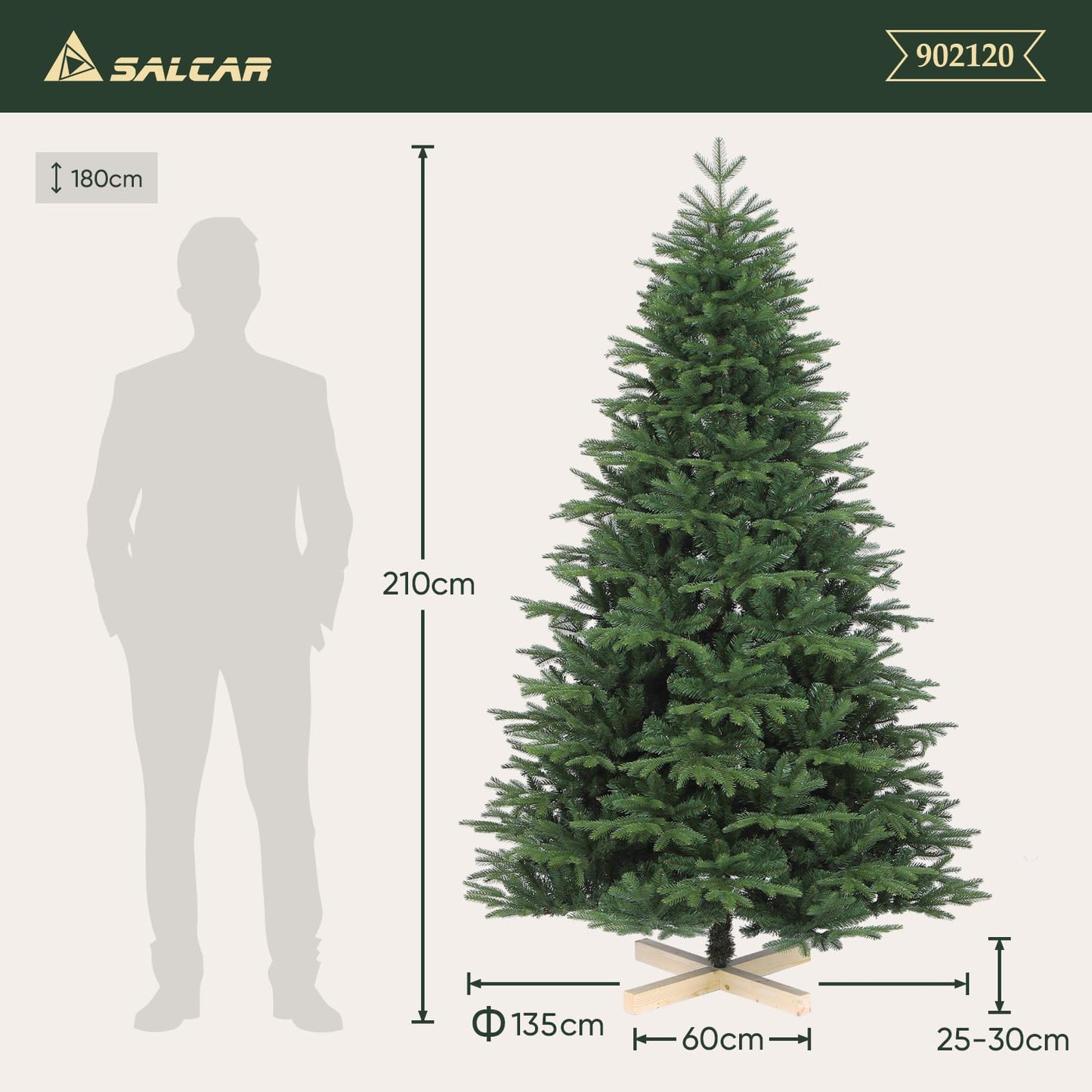 SALCAR Artificial Christmas Tree 210 cm with wooden stand, PE realistic injection molded elements & PVC Nordmann fir, 2.1 m artificial fir tree (Ø 135 cm)