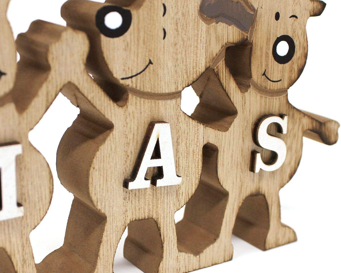 Decorative display stand for 4 reindeer friends Xmas 26 x 13 cm, natural brown wood, country style wood stand decorative sign elk row winter decor