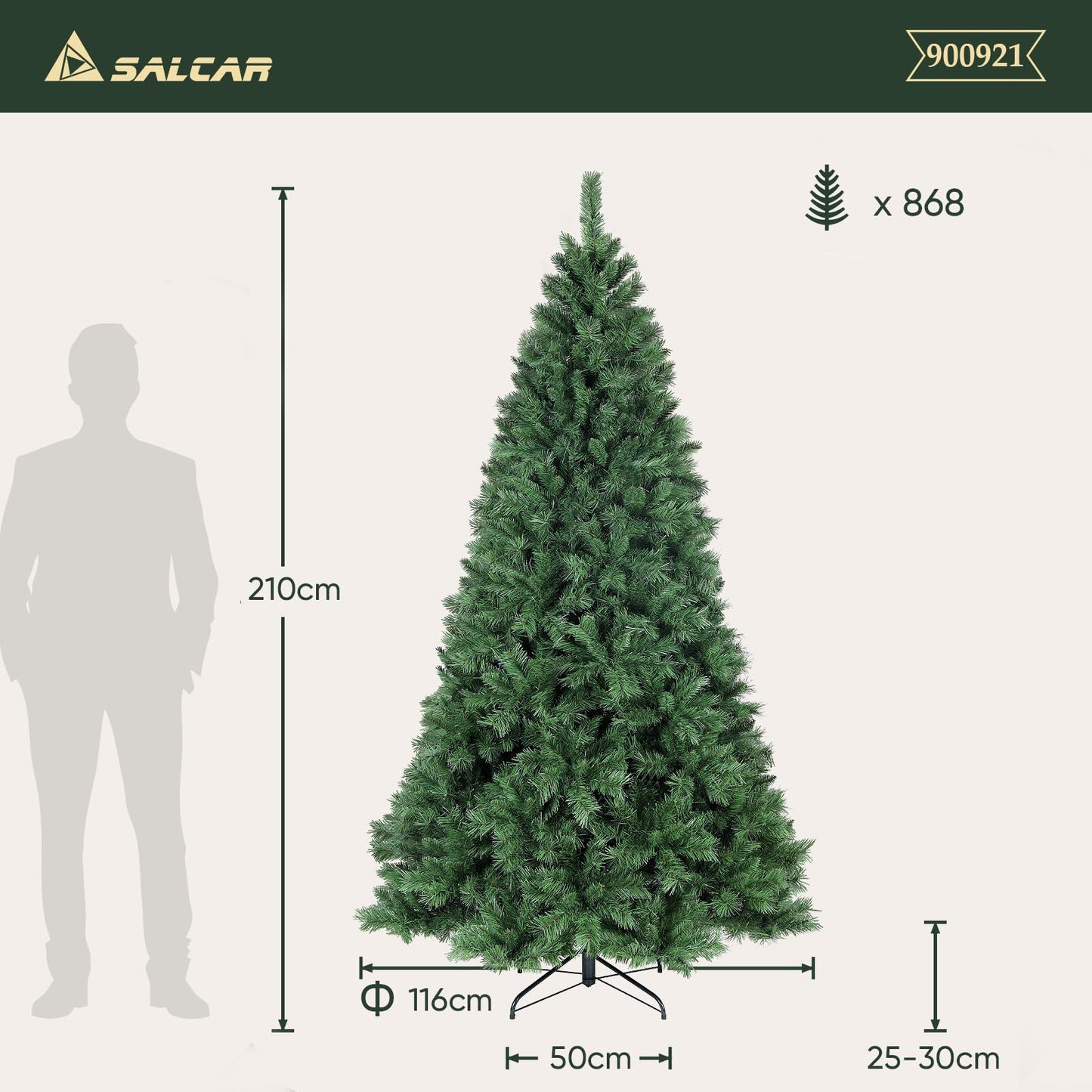 SALCAR Artificial Christmas Tree 210 cm, Fake Pine Tree with Gloves and Metal Stand, Christmas Tree for Indoor Holiday Decorations