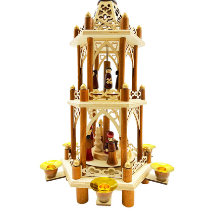 Elf workshop collection Christmas pyramid Nativity scene 3 levels Original 6 pyramid candles high-quality Christmas decoration Wood very smooth running Height 43cm