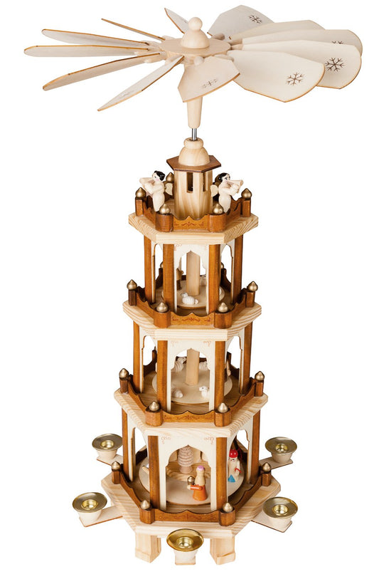 BRUBAKER Christmas Pyramid Wooden - Natural - 4 Tiers - 60 cm Height - Hand-painted Figures