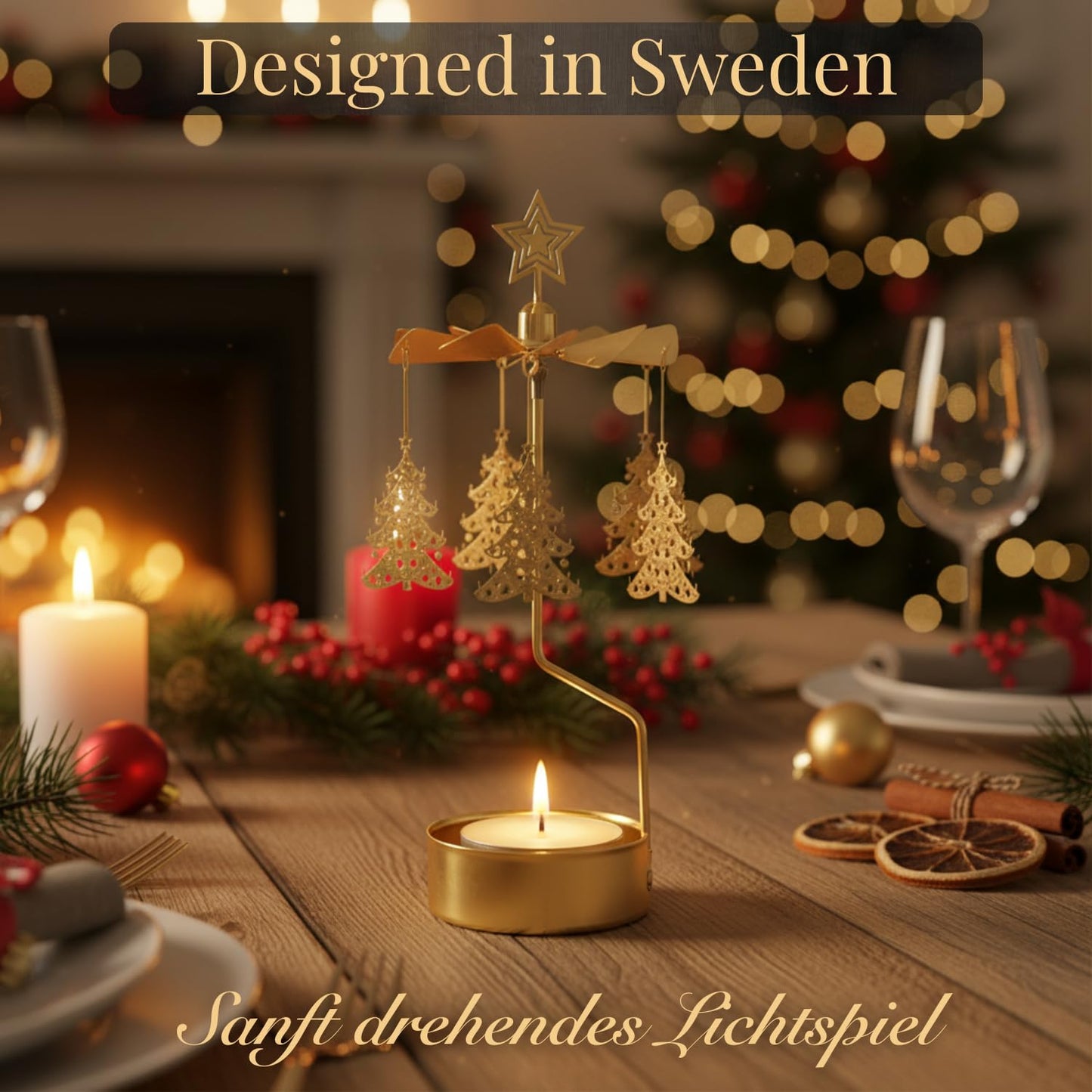Tealight holder Angel Gold 16 cm - rotating metal candle holder, powered by candle heat, elegant Christmas & winter decor in Scandinavian style, gift packaging included.