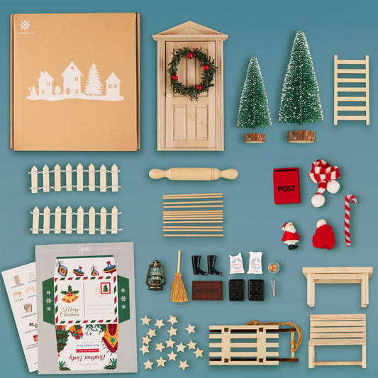 SUNBEAUTY Elf Door Set Complete with elf letters, including baking set, mailboxes, signs, and other accessories. Christmas decoration for children's rooms, DIY gift for kids at Christmas.