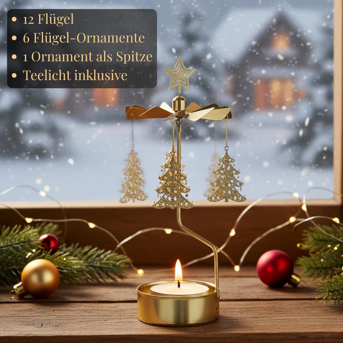 Tealight holder Angel Gold 16 cm - rotating metal candle holder, powered by candle heat, elegant Christmas & winter decor in Scandinavian style, gift packaging included.