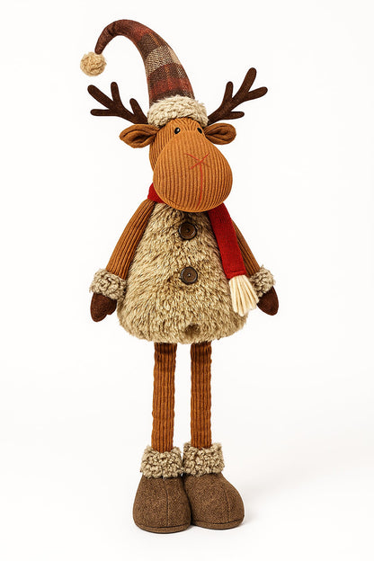 KAMACA XL Christmas elk decoration figure with extendable telescopic legs fabric figure with fur, scarf & hat standing Christmas decoration for staircase living room entrance gift (XL telescopic elk 98 cm)