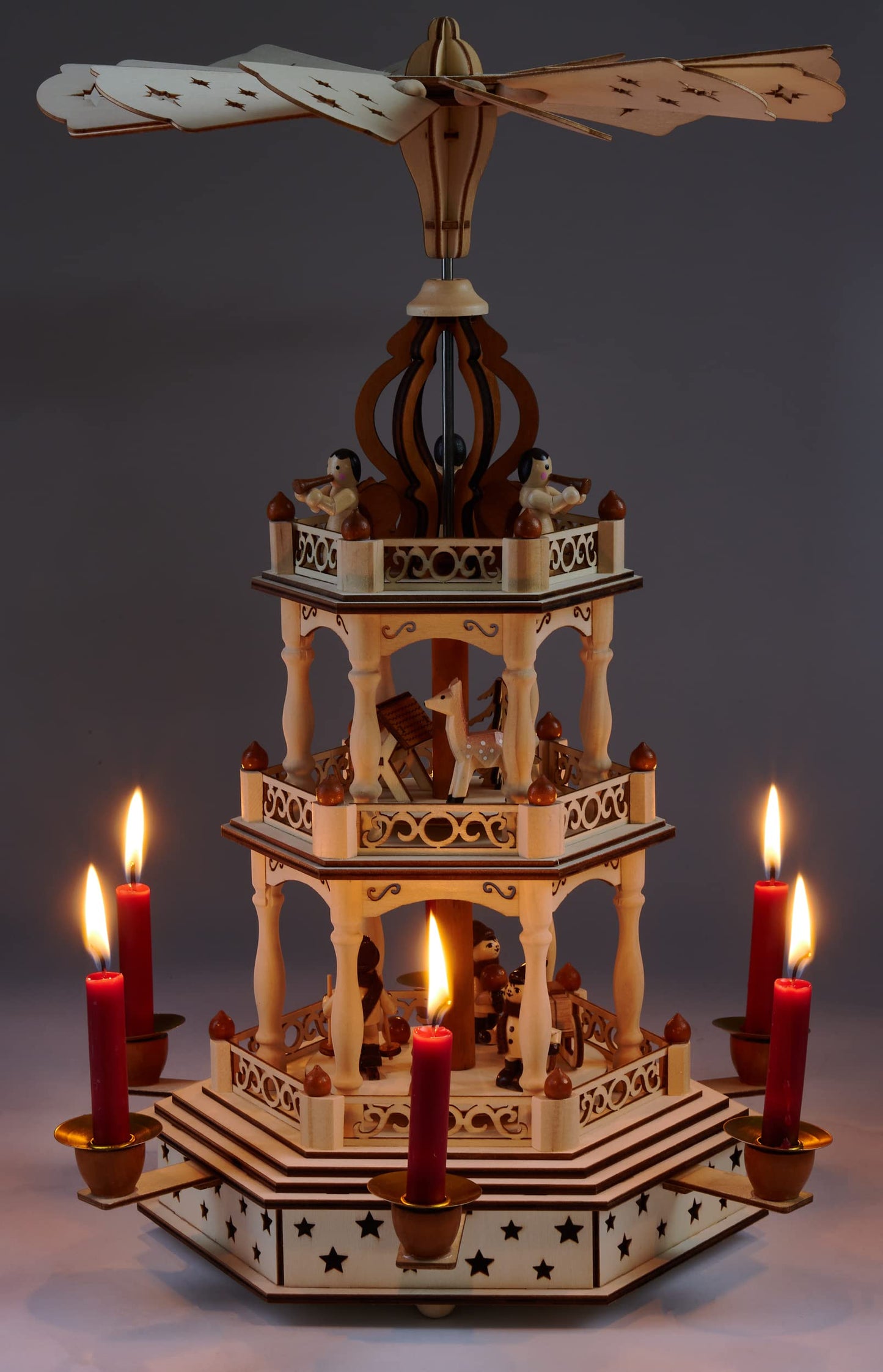 BRUBAKER Christmas Pyramid - 3-tier rotating wooden pyramid - Christmas decoration with 3 levels - 44 cm height - hand-painted figures Christmas - Natural Brown