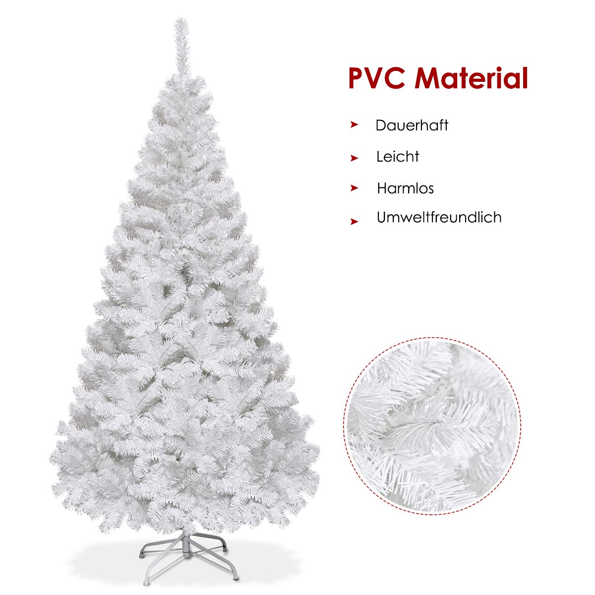 COSTWAY 210cm Artificial Christmas Tree with Metal Stand, Christmas Tree PVC Needles, Ideal for Home, Office, Shops, and Hotels, White