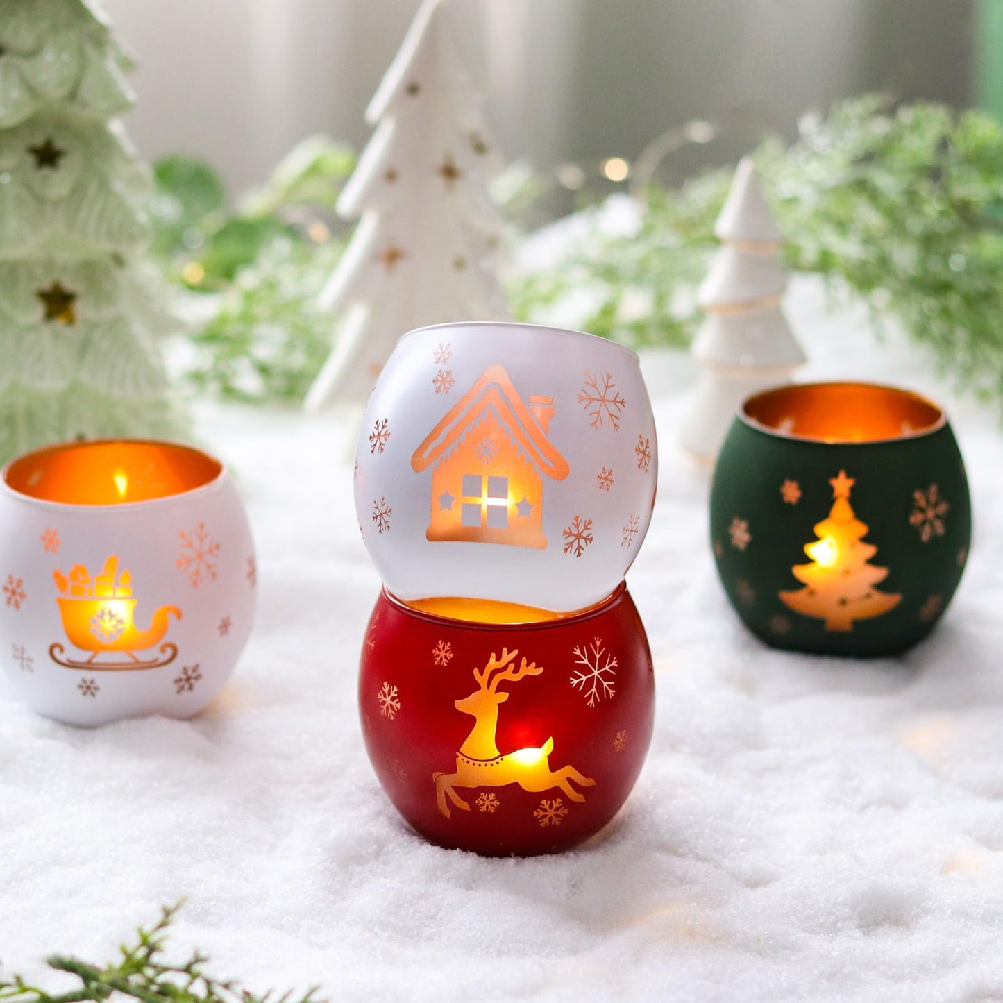 Set of 4 glass candle holders with laser engraving - small tealight holder, Christmas decoration, winter decor for table, windowsill, garden.