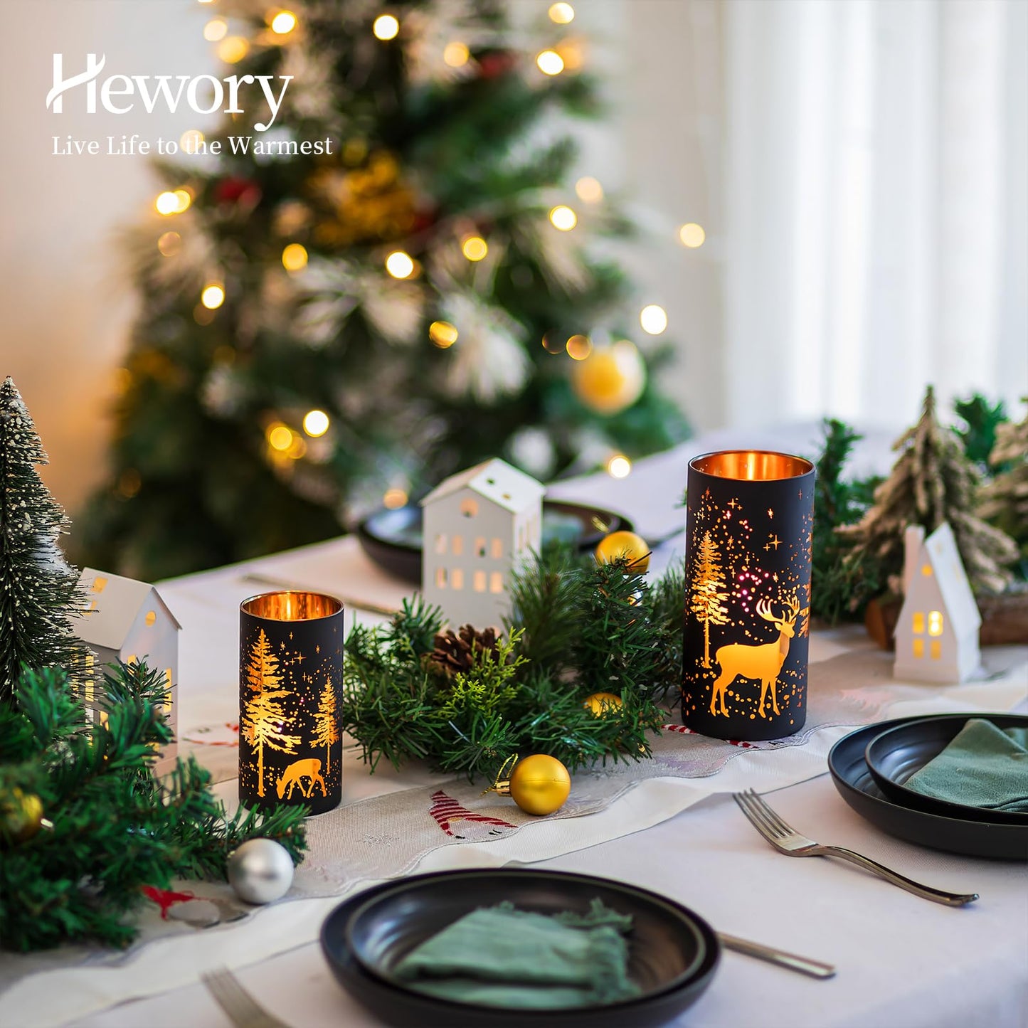 Hewory Christmas Decor Black Tealight Christmas: 2-piece Set Deer Decor Christmas Table Decoration Candle Holder Glass Christmas Decoration Indoor Gold
