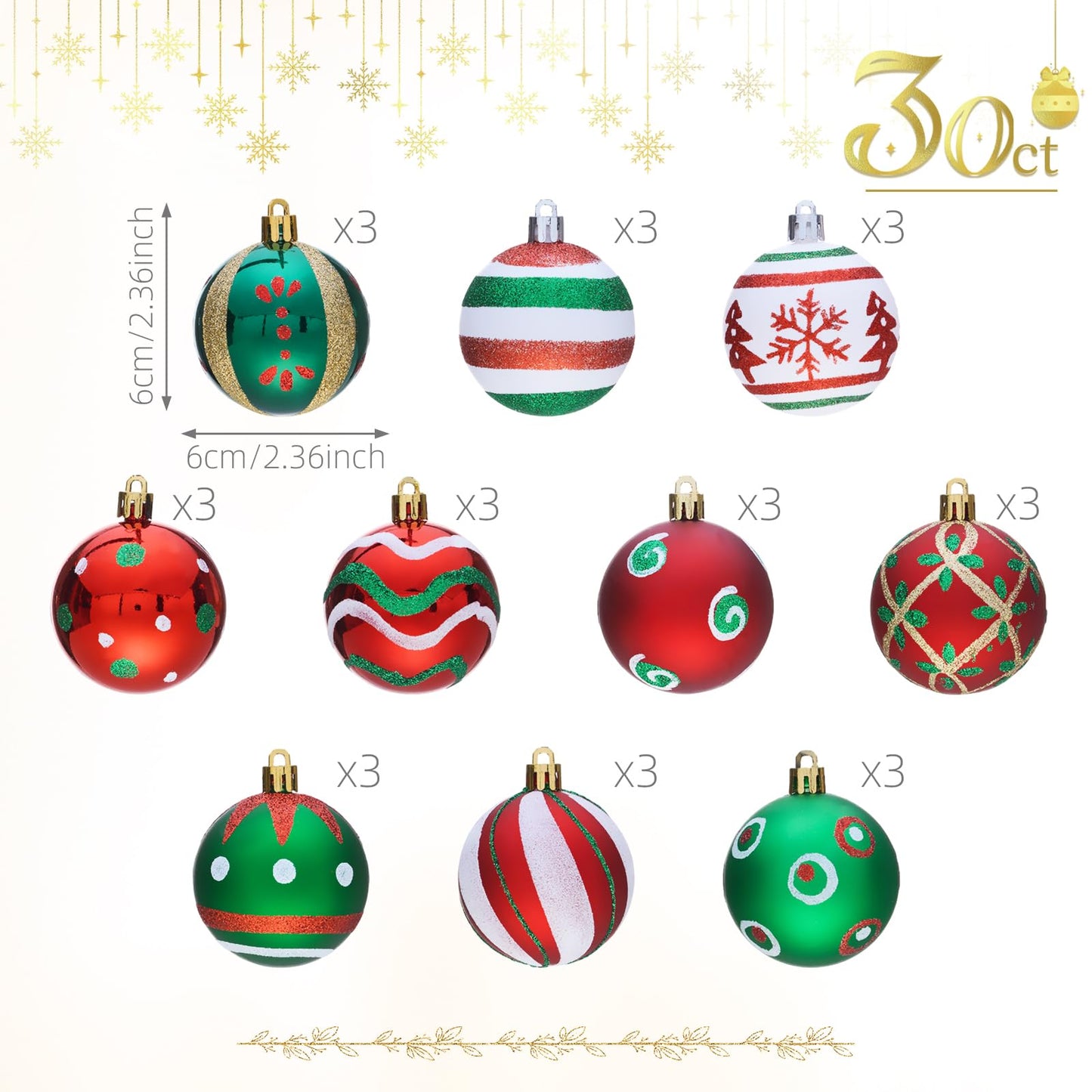 Christmas balls tree ornaments, 2.36-inch 30 pcs plastic shatterproof hanging Christmas decorations Christmas tree decor.