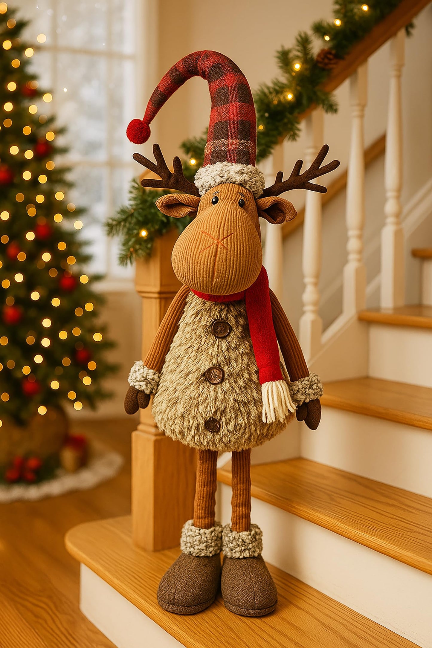 KAMACA XL Christmas elk decoration figure with extendable telescopic legs fabric figure with fur, scarf & hat standing Christmas decoration for staircase living room entrance gift (XL telescopic elk 98 cm)